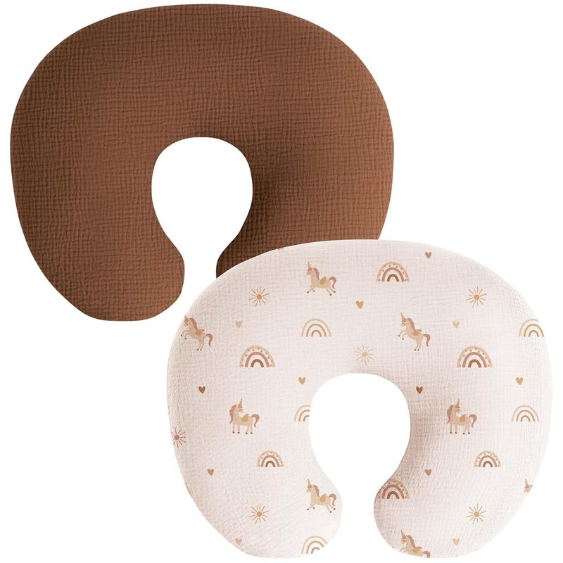 Coreeky Muslin Nursing Pillow Covers, 2 Pack, Soft & Adorable Slipcovers with Zipper Closure, 100% Cotton Covers for Breastfeeding Pillows (Khiki, Rainbow) - Image 1
